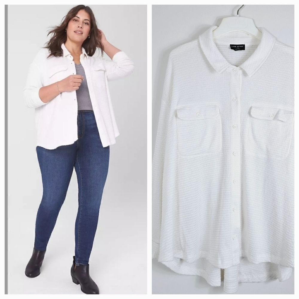 Lane Bryant Waffle Knit Relaxed Long Sleeve Collared Button Down Shirt 22 24